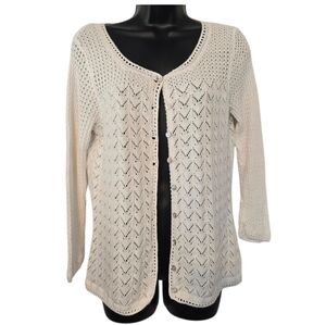 L.L. Bean Crocheted White Cardigan Coastal Size M Boho Nautical Shabby Chic